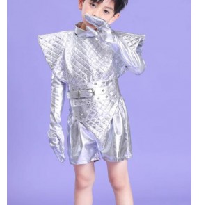 Boys kids Silver leather jazz dance costumes model show gogo dancers technology-themed shooting costumes mode show metaverse photography outfits for boys